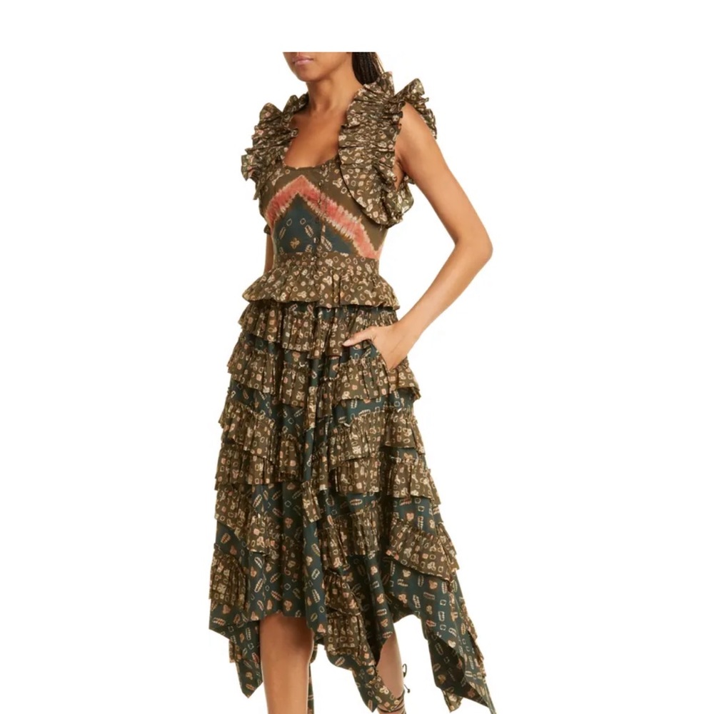 Ulla Johnson Olive Green and Rust Tiered Ruffle Midi Dress